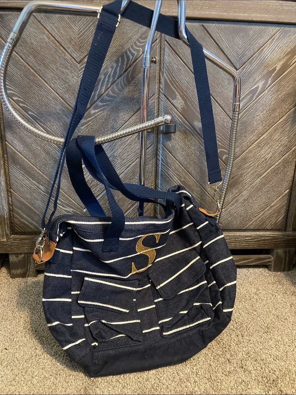 Thirtyone Striped Navy Canvas Tote with Gold 'S' Accent